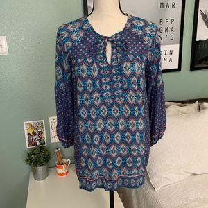 Tolani | 100% Silk Blue Boho Keyhole Front Tunic S